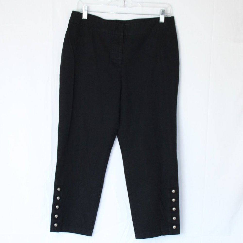INC INTERNATIONAL CONCEPTS BLACK HIGH ANKLE PANTS SZ 12 FLAT FRONT BUTTONS COTTO